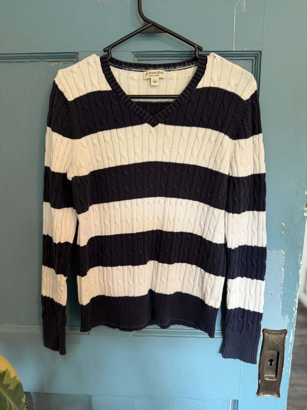 St. John's Bay Classic Sweater Navy and White Striped Cable Knit V-Neck Sweater